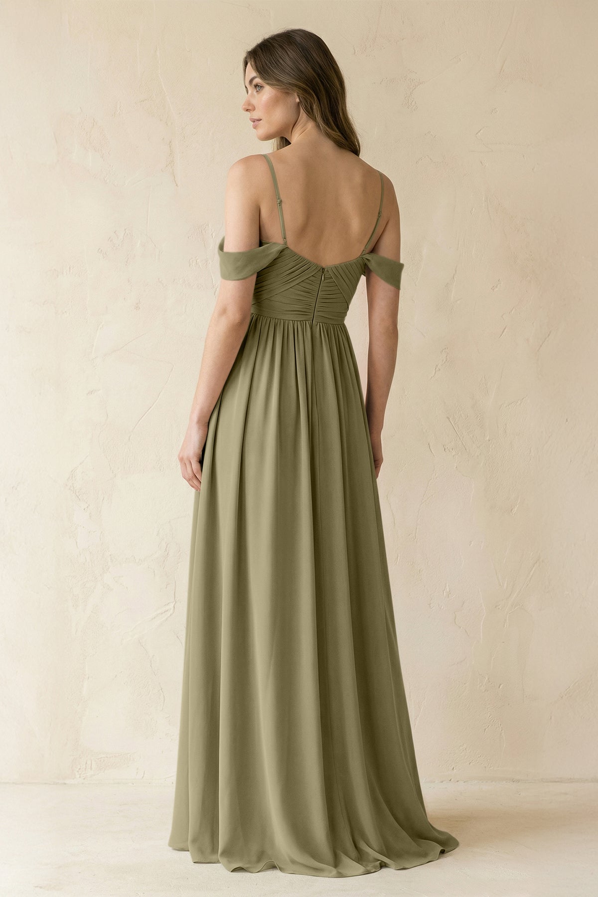 A-Line Off-the-Shoulder Pleated Chiffon Bridesmaid Dress in Thyme
