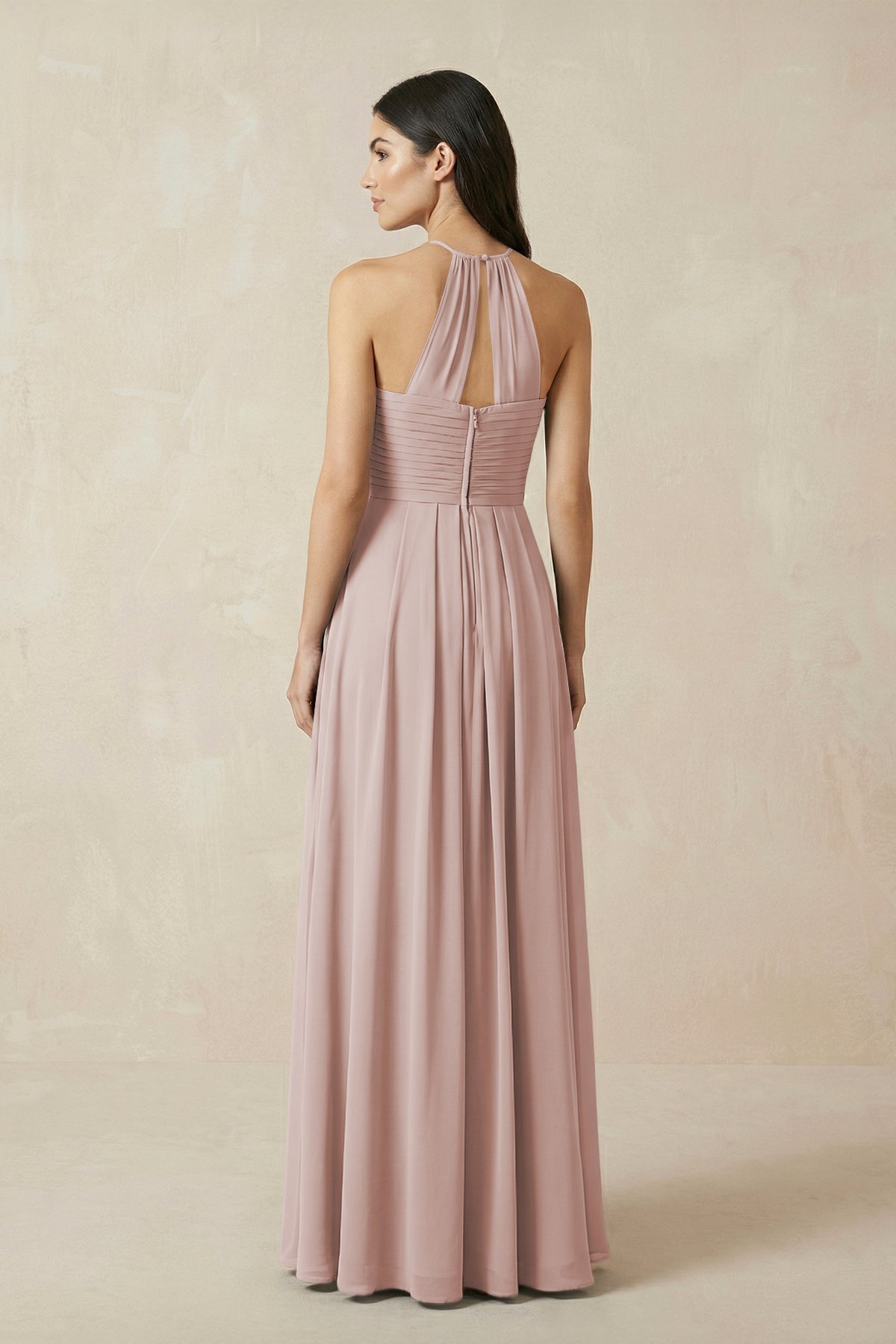 A-Line Halter Neck Pleated Chiffon Bridesmaid Dress in Toffee