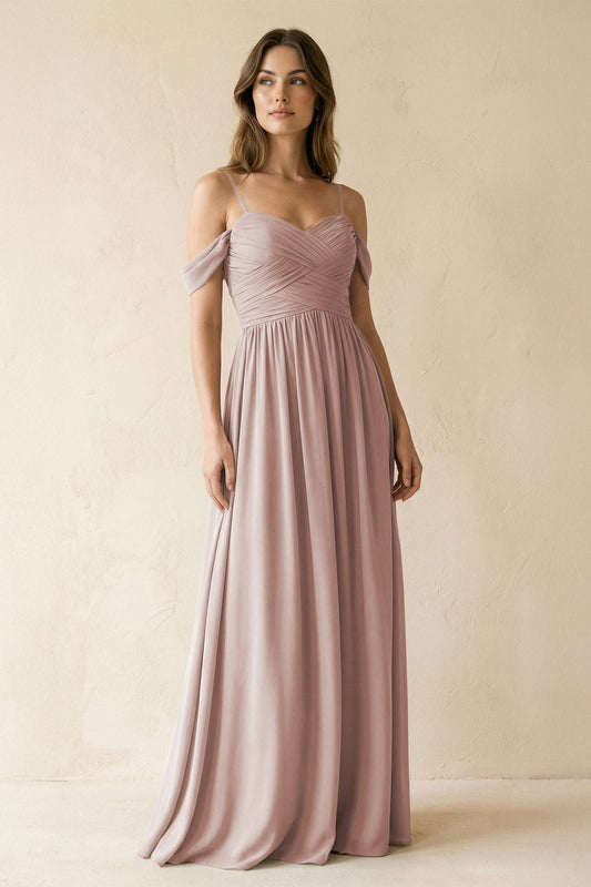 A-Line Off-the-Shoulder Pleated Chiffon Bridesmaid Dress in Toffee
