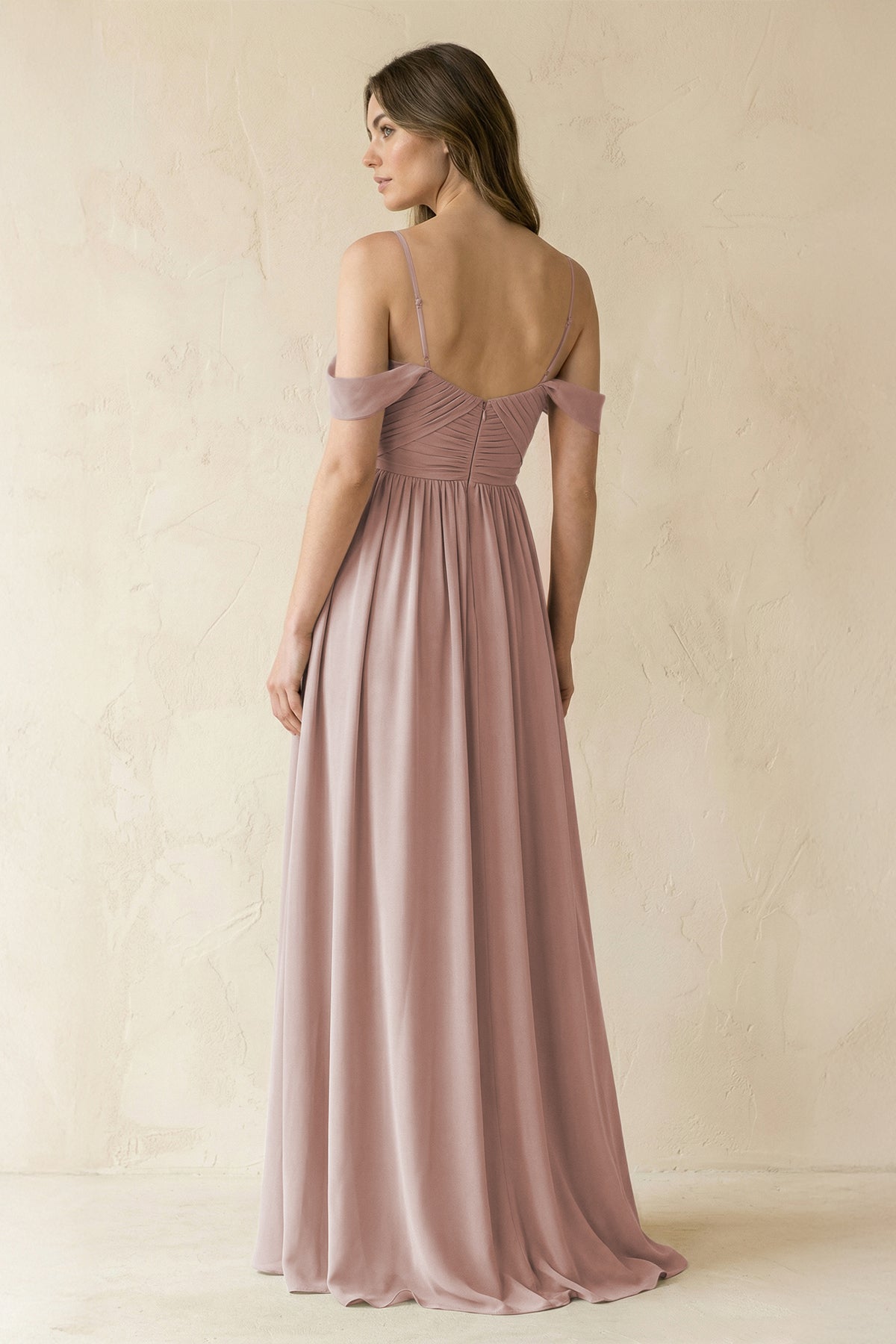 A-Line Off-the-Shoulder Pleated Chiffon Bridesmaid Dress in Toffee