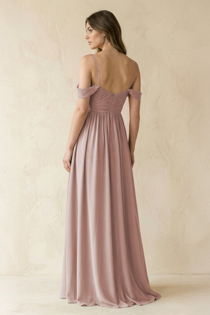 A-Line Off-the-Shoulder Pleated Chiffon Bridesmaid Dress in Toffee