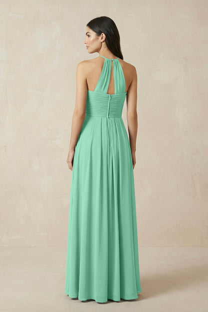 A-Line Halter Neck Pleated Chiffon Bridesmaid Dress in Turquoise