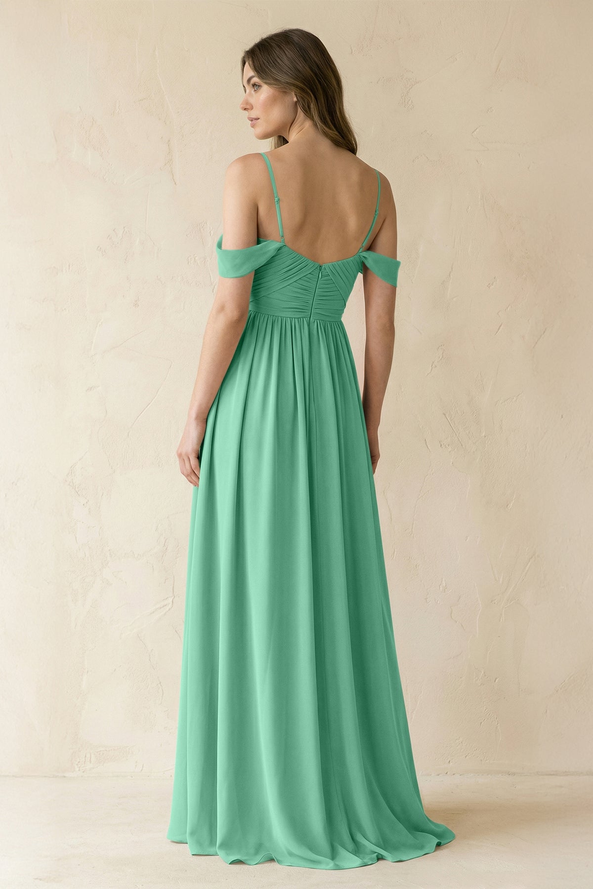 A-Line Off-the-Shoulder Pleated Chiffon Bridesmaid Dress in Turquoise