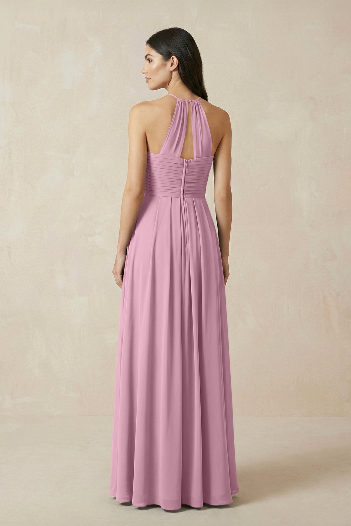 A-Line Halter Neck Pleated Chiffon Bridesmaid Dress in Vintage Mauve