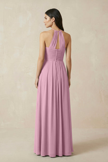 A-Line Halter Neck Pleated Chiffon Bridesmaid Dress in Vintage Mauve