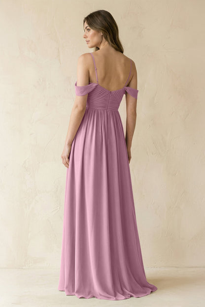 A-Line Off-the-Shoulder Pleated Chiffon Bridesmaid Dress in Vintage Mauve