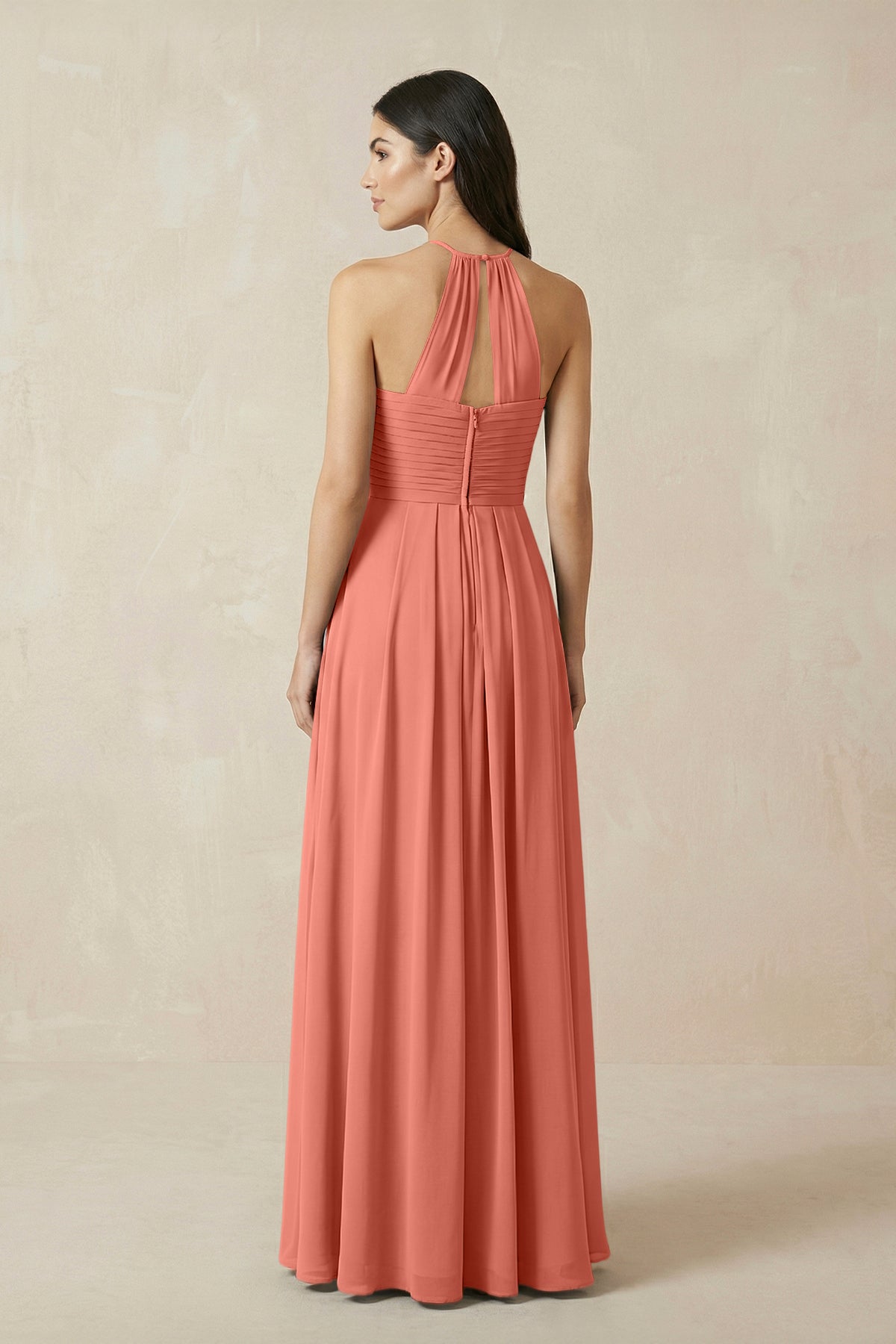 A-Line Halter Neck Pleated Chiffon Bridesmaid Dress in Wild Rose