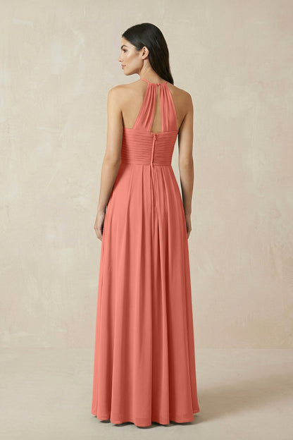 A-Line Halter Neck Pleated Chiffon Bridesmaid Dress in Wild Rose