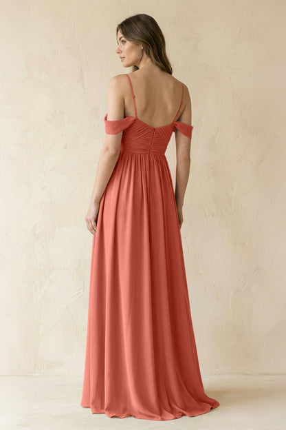 A-Line Off-the-Shoulder Pleated Chiffon Bridesmaid Dress in Wild Rose