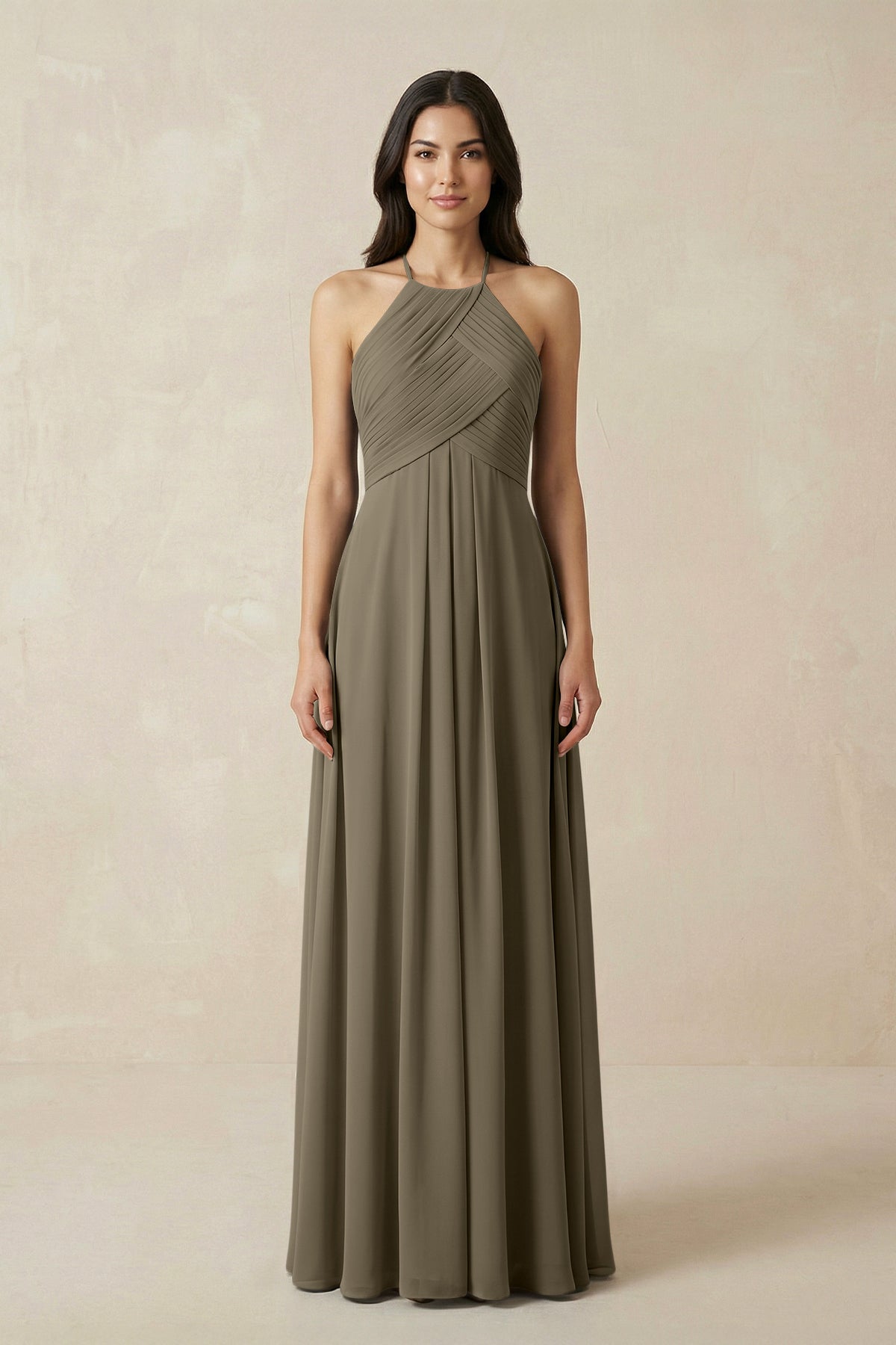 A-Line Halter Neck Pleated Chiffon Bridesmaid Dress in Willow Green