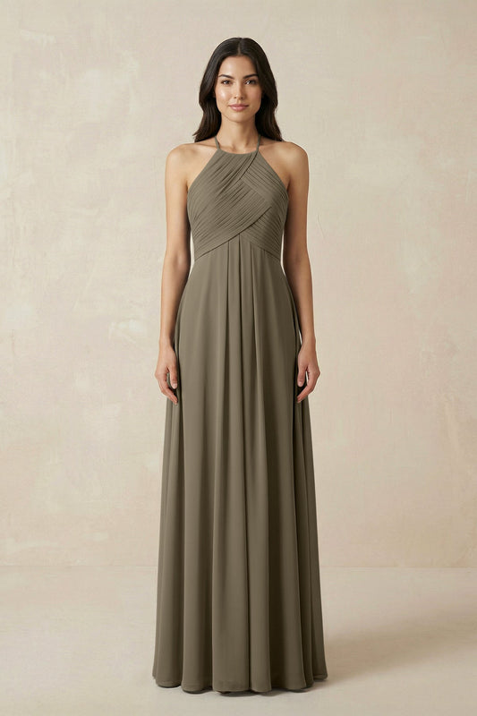 A-Line Halter Neck Pleated Chiffon Bridesmaid Dress in Willow Green