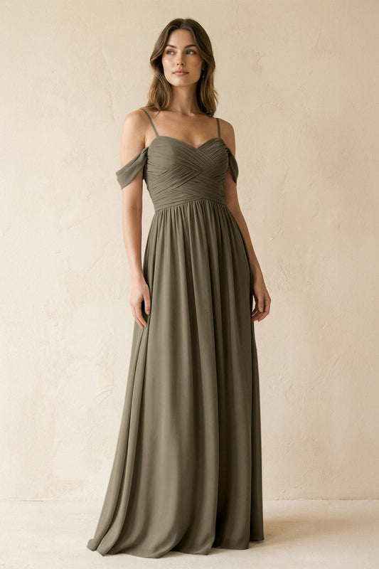 A-Line Off-the-Shoulder Pleated Chiffon Bridesmaid Dress in Willow Green