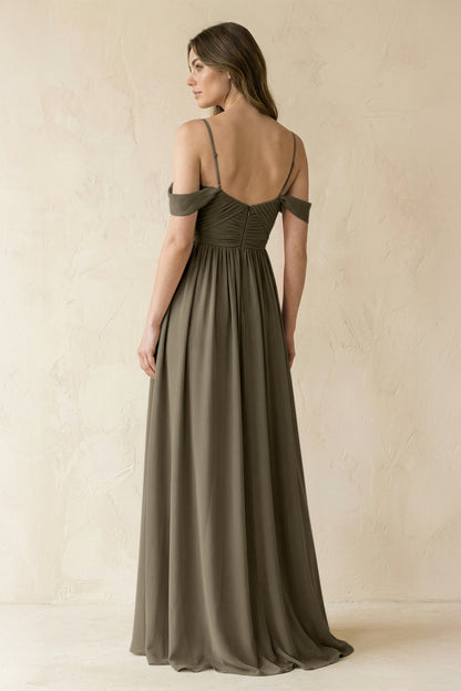 A-Line Off-the-Shoulder Pleated Chiffon Bridesmaid Dress in Willow Green