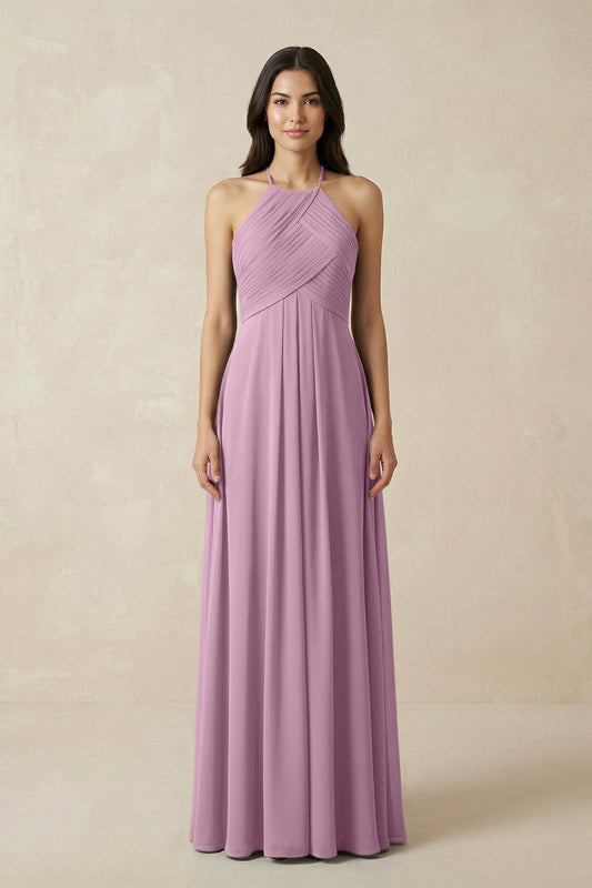 A-Line Halter Neck Pleated Chiffon Bridesmaid Dress in Wisteria