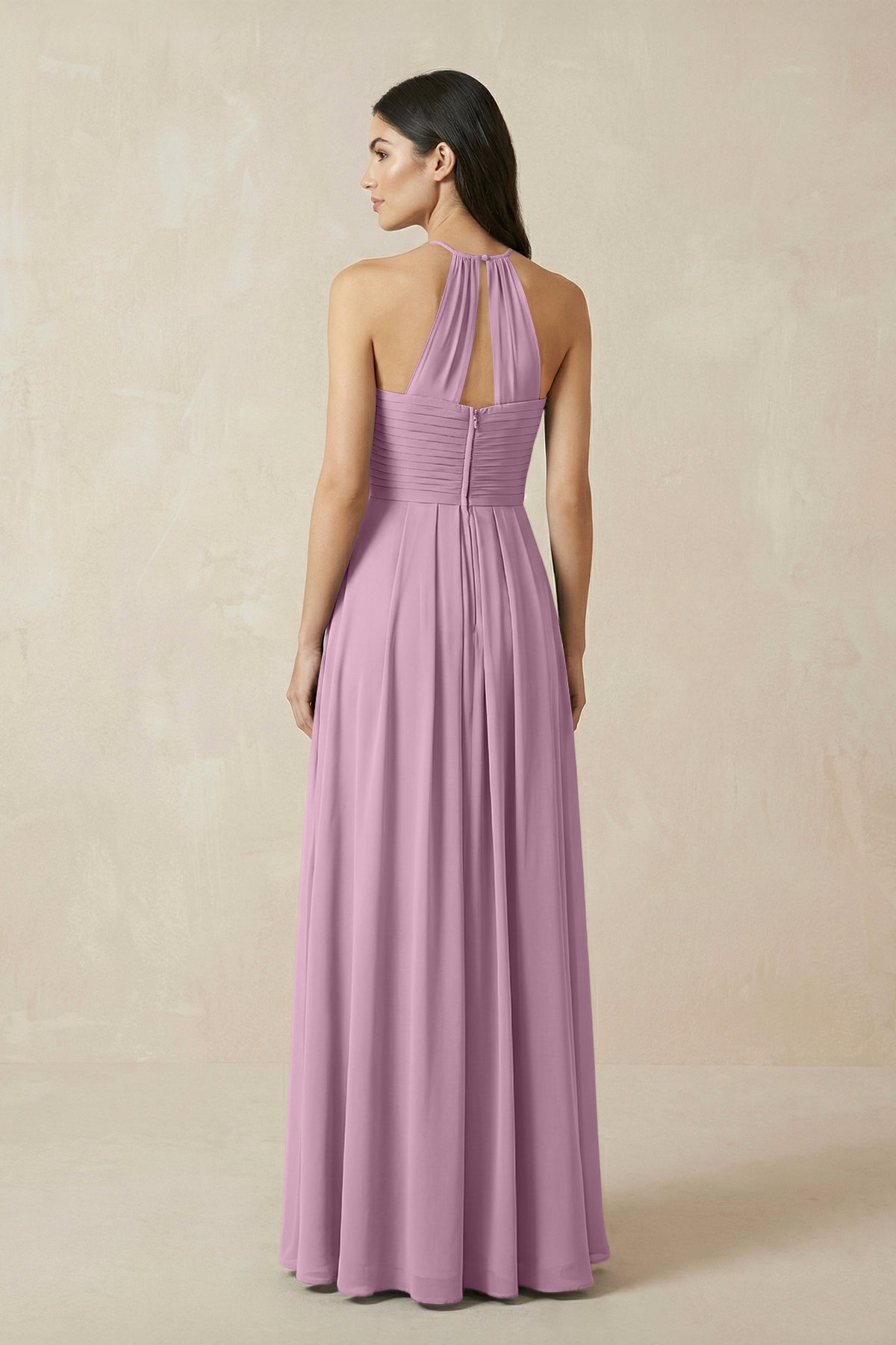 A-Line Halter Neck Pleated Chiffon Bridesmaid Dress in Wisteria