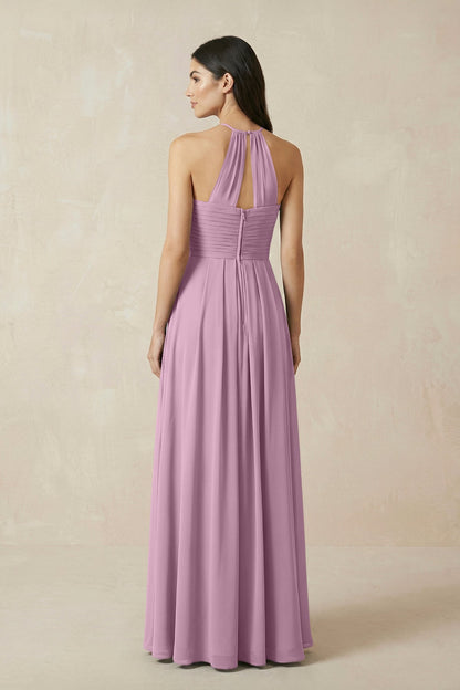 A-Line Halter Neck Pleated Chiffon Bridesmaid Dress in Wisteria