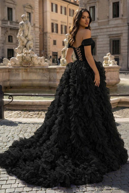 A Line Off the Shoulder Ruffled Tulle Prom Dress with Slit