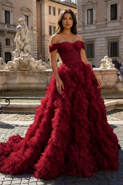 A Line Off the Shoulder Ruffled Tulle Prom Dress with Slit