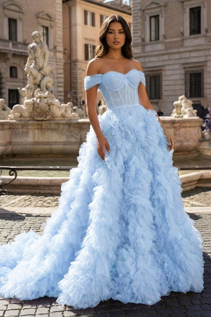 A Line Off the Shoulder Ruffled Tulle Prom Dress with Slit
