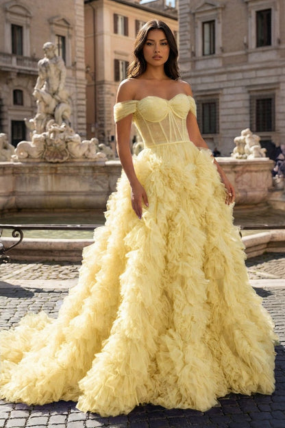 A Line Off the Shoulder Ruffled Tulle Prom Dress with Slit