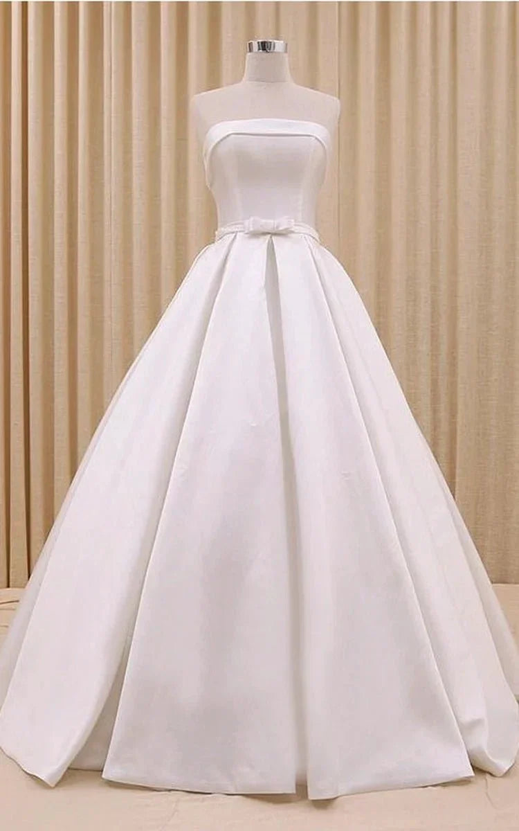 A-Line Corset Strapless Floor Length Wedding Dress with Delicate Bow Belt
