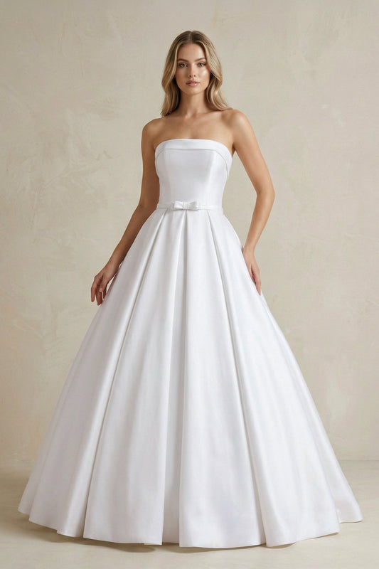 A-Line Corset Strapless Floor Length Wedding Dress with Delicate Bow Belt