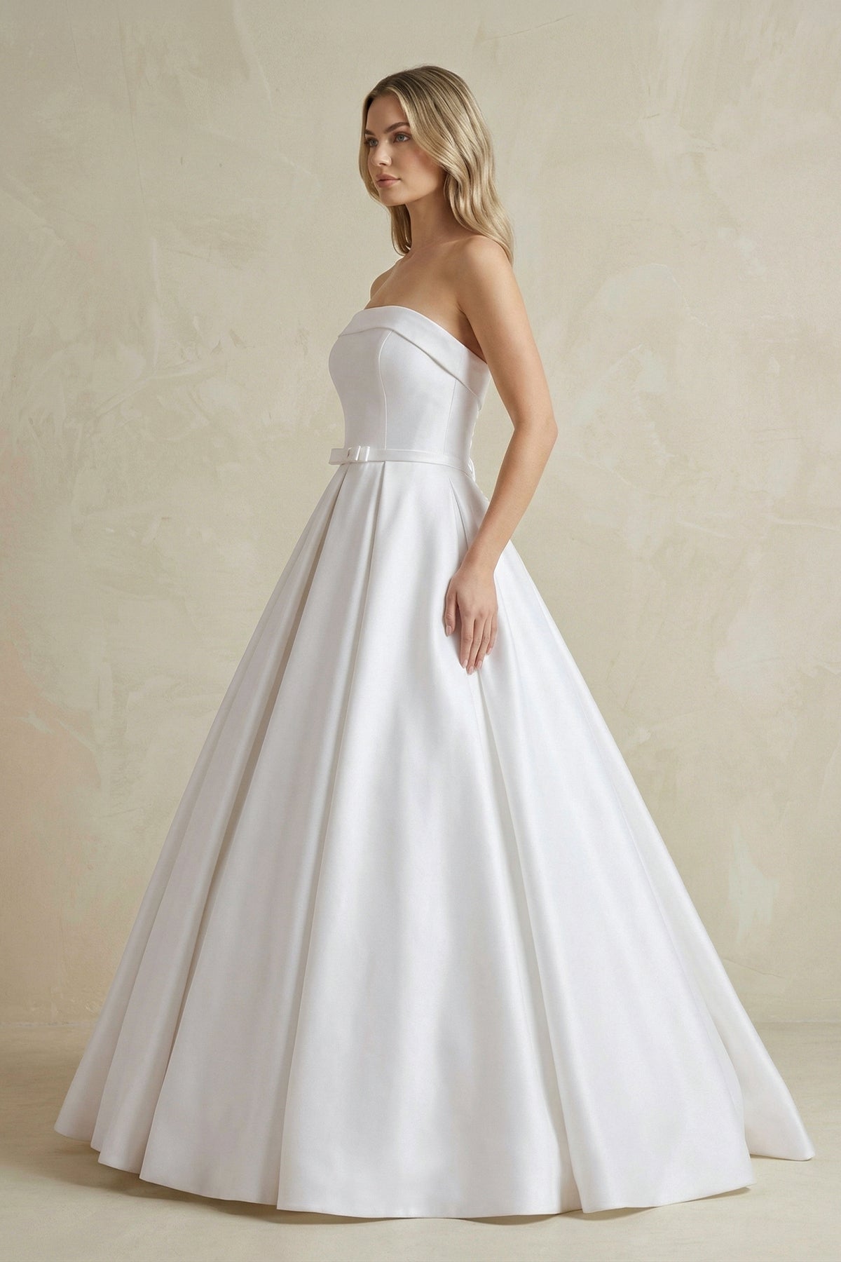 A-Line Corset Strapless Floor Length Wedding Dress with Delicate Bow Belt