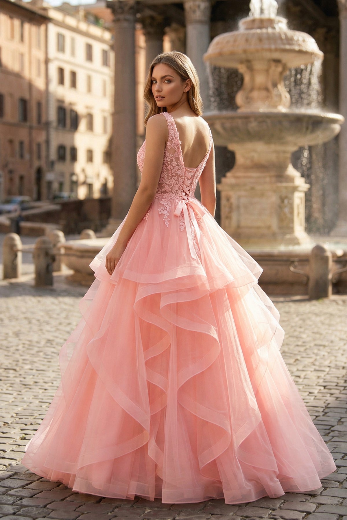 A-Line Prom Dresses Princess Dress Formal Floor Length Sleeveless V Neck Tulle Backless with Pleats Appliques