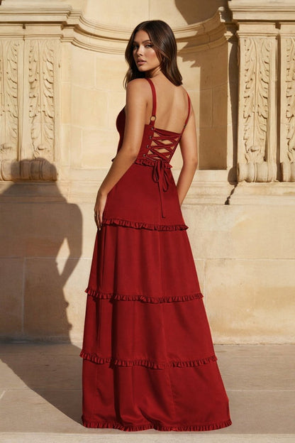 A-Line Hot Pink Ruffles Slit Prom Dress with Lace-up Back