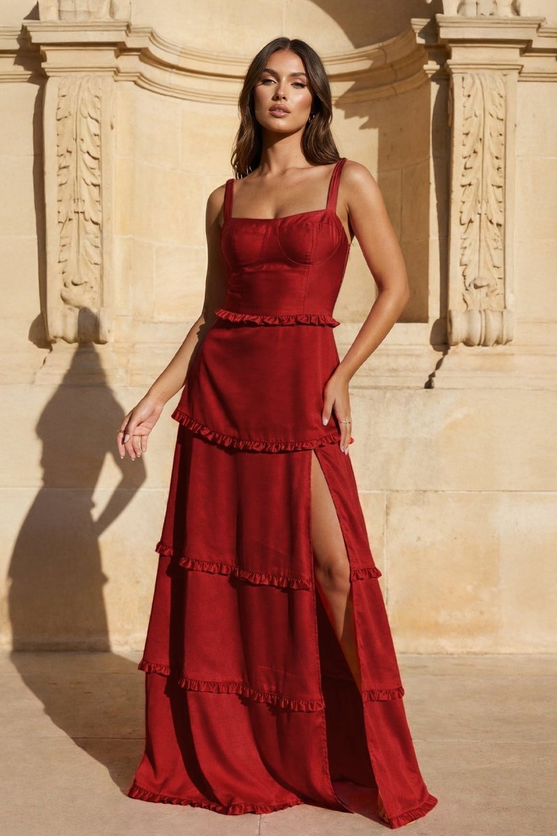 A-Line Hot Pink Ruffles Slit Prom Dress with Lace-up Back