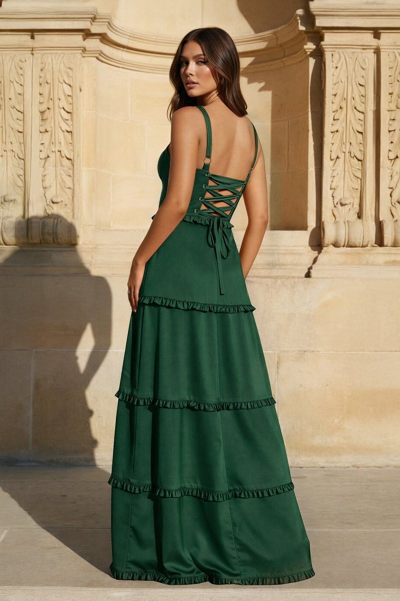 A-Line Hot Pink Ruffles Slit Prom Dress with Lace-up Back