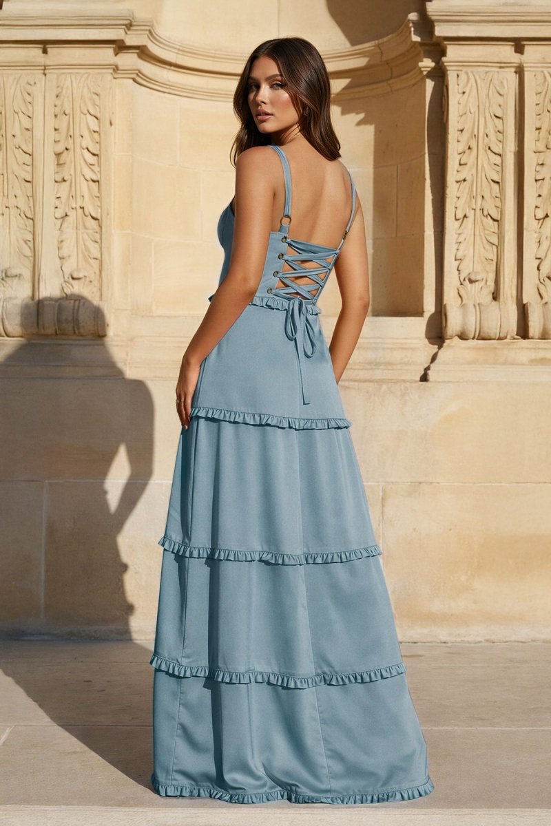 A-Line Hot Pink Ruffles Slit Prom Dress with Lace-up Back