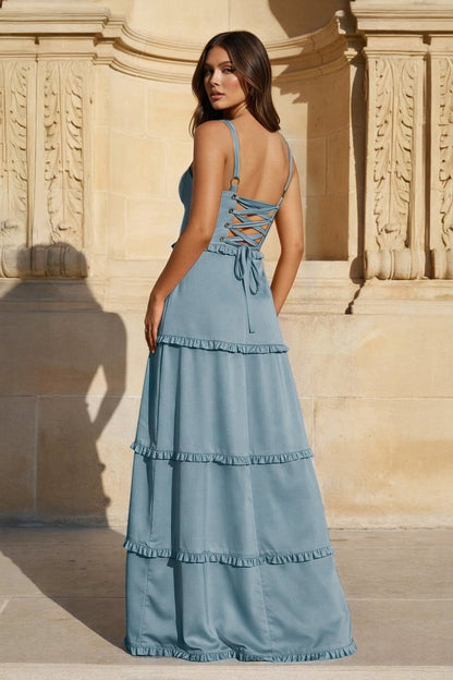 A-Line Hot Pink Ruffles Slit Prom Dress with Lace-up Back