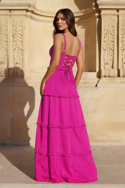 A-Line Hot Pink Ruffles Slit Prom Dress with Lace-up Back