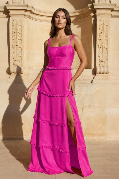 A-Line Hot Pink Ruffles Slit Prom Dress with Lace-up Back