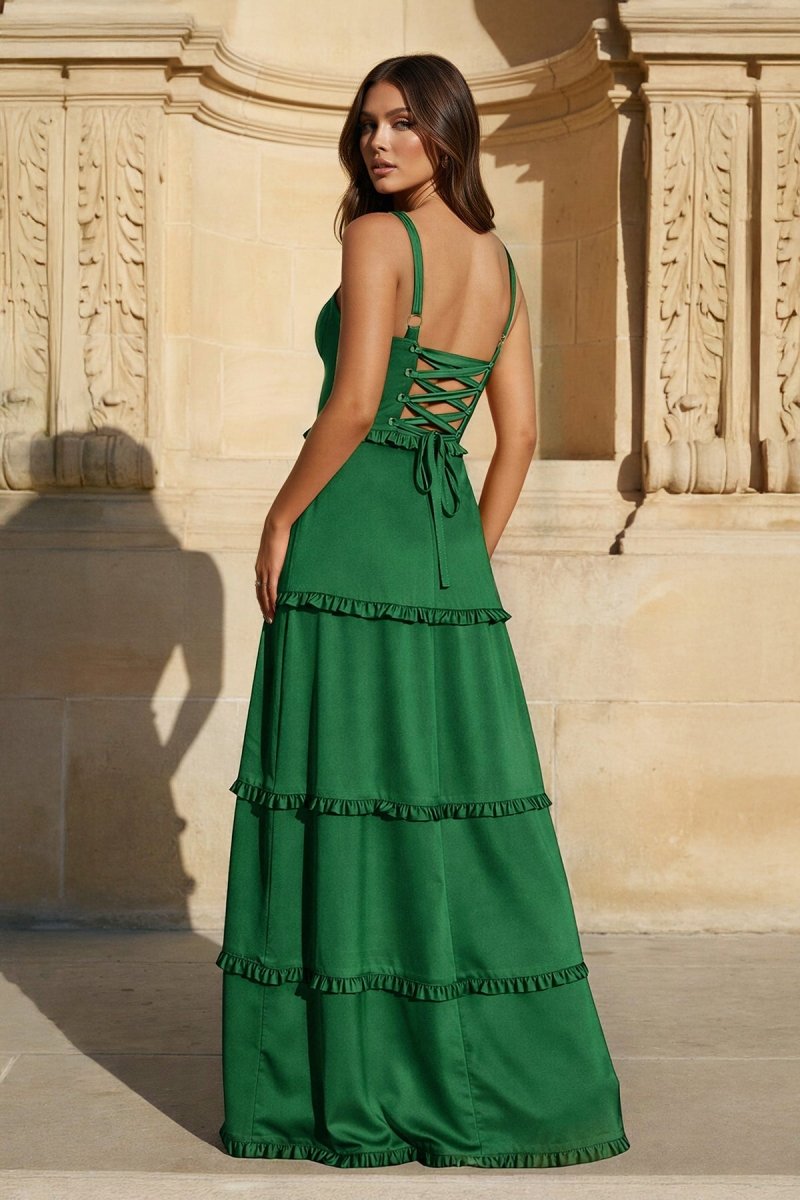 A-Line Hot Pink Ruffles Slit Prom Dress with Lace-up Back