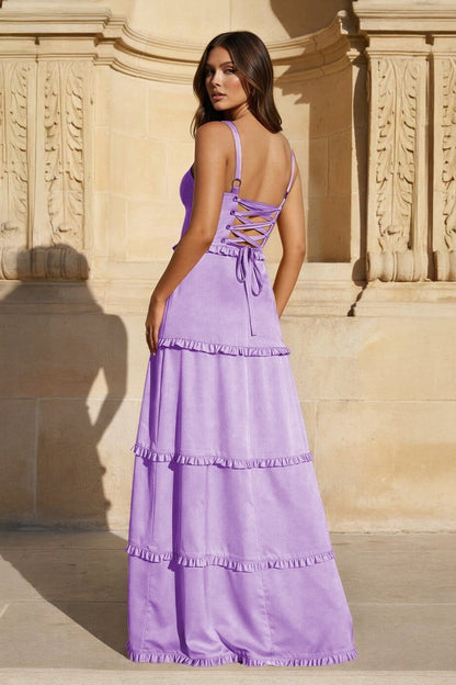 A-Line Hot Pink Ruffles Slit Prom Dress with Lace-up Back