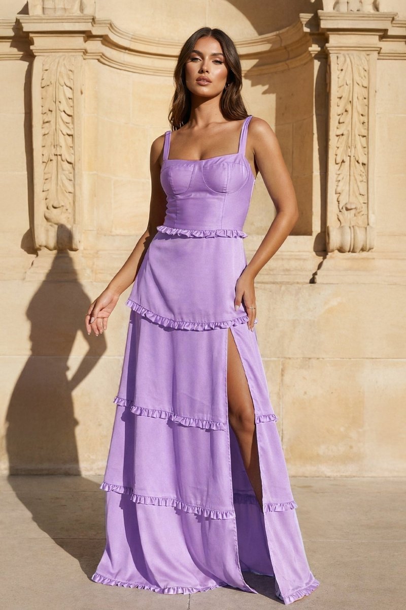 A-Line Hot Pink Ruffles Slit Prom Dress with Lace-up Back