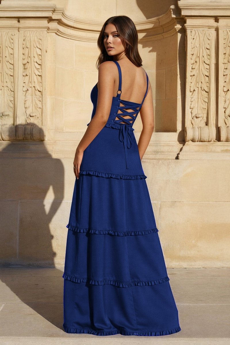 A-Line Hot Pink Ruffles Slit Prom Dress with Lace-up Back
