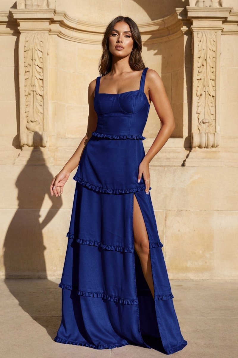 A-Line Hot Pink Ruffles Slit Prom Dress with Lace-up Back