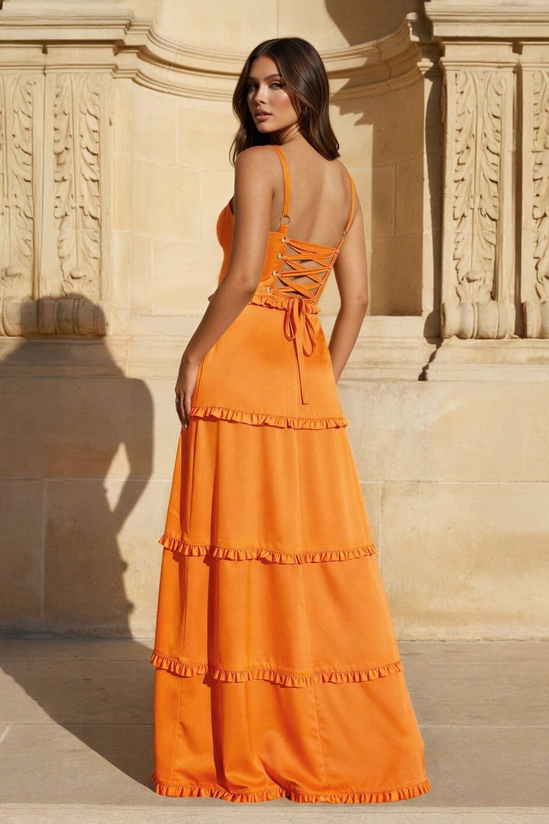 A-Line Hot Pink Ruffles Slit Prom Dress with Lace-up Back