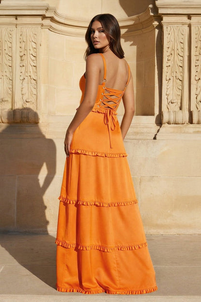 A-Line Hot Pink Ruffles Slit Prom Dress with Lace-up Back
