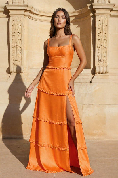 A-Line Hot Pink Ruffles Slit Prom Dress with Lace-up Back