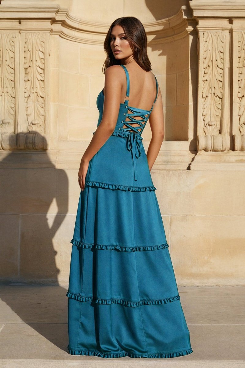 A-Line Hot Pink Ruffles Slit Prom Dress with Lace-up Back