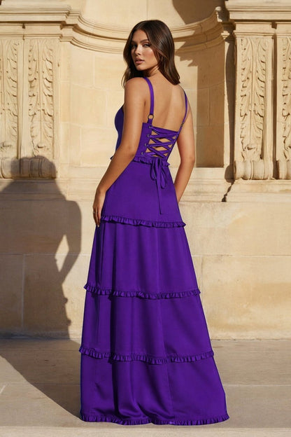 A-Line Hot Pink Ruffles Slit Prom Dress with Lace-up Back