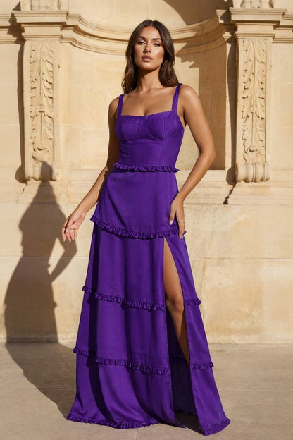 A-Line Hot Pink Ruffles Slit Prom Dress with Lace-up Back