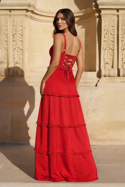 A-Line Hot Pink Ruffles Slit Prom Dress with Lace-up Back