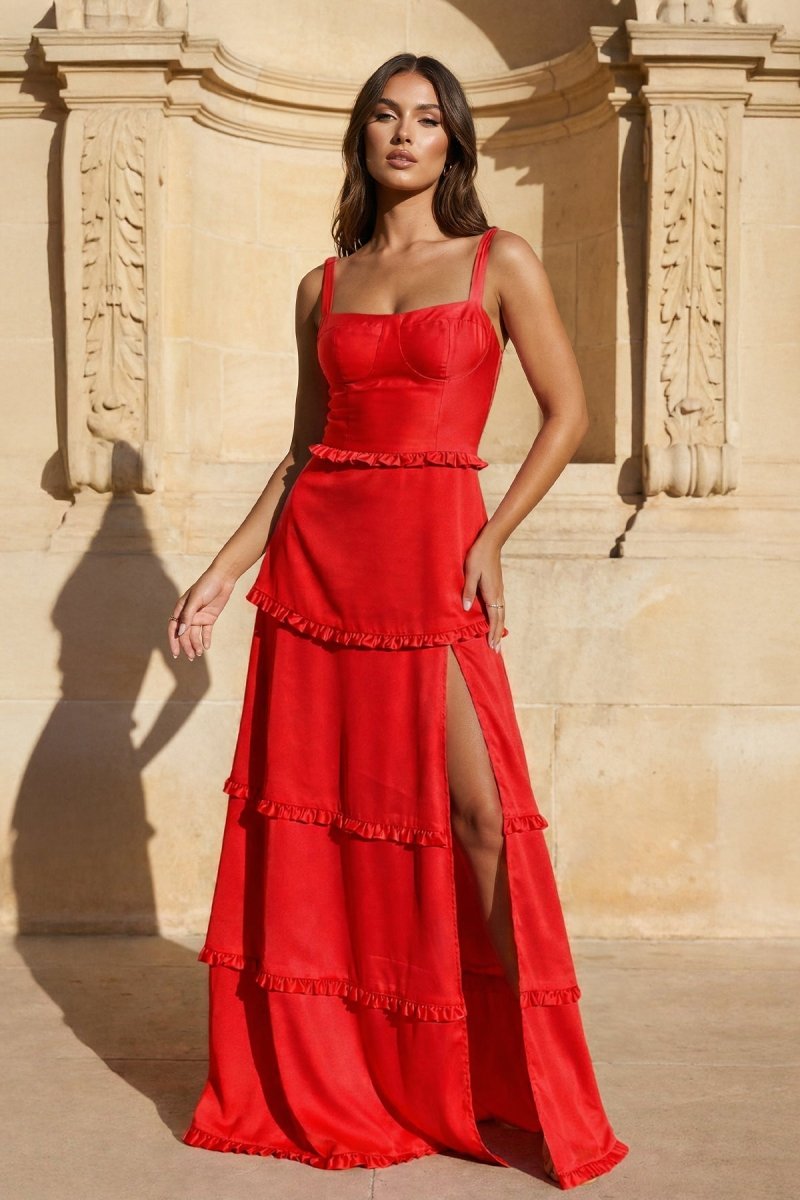 A-Line Hot Pink Ruffles Slit Prom Dress with Lace-up Back