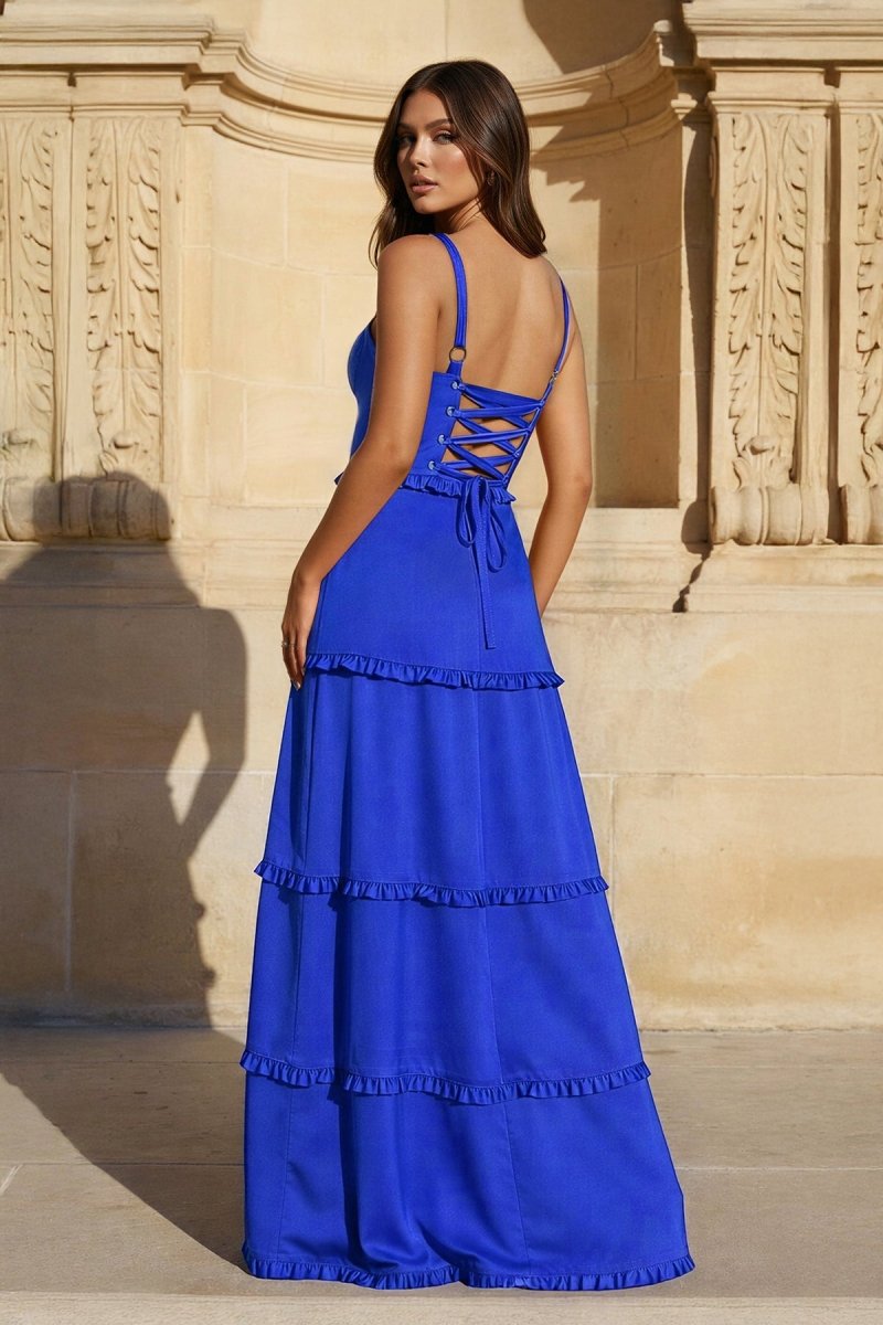 A-Line Hot Pink Ruffles Slit Prom Dress with Lace-up Back