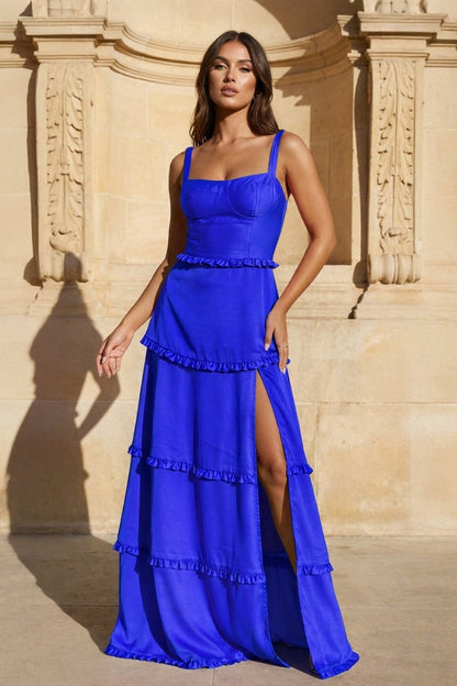 A-Line Hot Pink Ruffles Slit Prom Dress with Lace-up Back